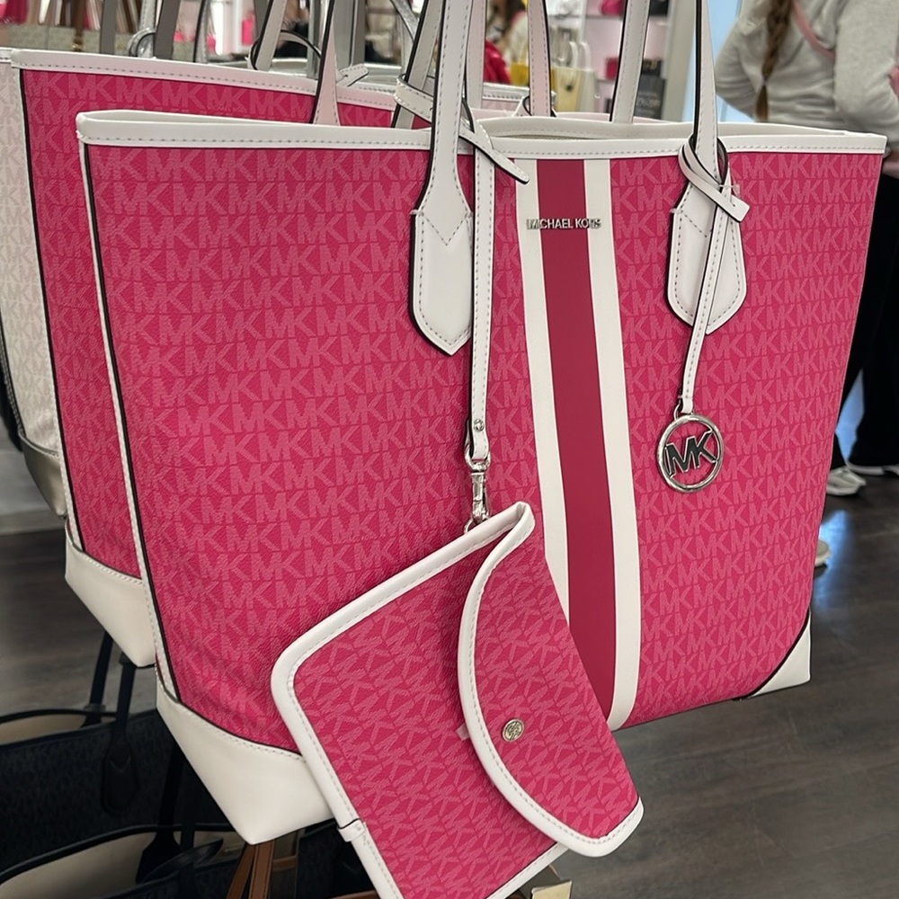 Michael Kors Eva Large Signature Logo Stripe Shoulder Tote Bag Dragonfruit 
NWT - Picture 11 of 16